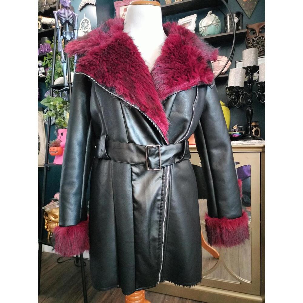 Faux leather jacket with rich red faux fur